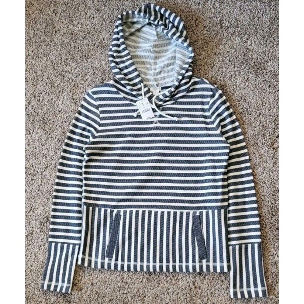 J Crew Womens Hoodie Size XS White & Gray Striped Kangaroo Sweatshirt Pullover